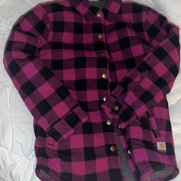 Carhartt Kids Heavyweight Flannel Sherpa Size 14 Lined purple and black Jacket - Picture 2 of 6